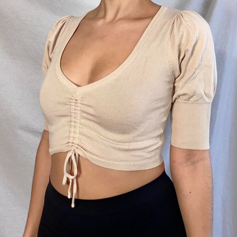 Center Cinched Mid Puff Sleeve V-Neck Crop Top Beige, by Rehab Lab